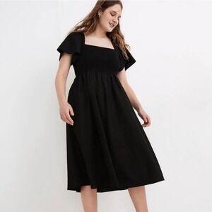 Madewell Lucie Black Smocked Square Neck Flutter Sleeve Linen Blend Midi Dress L